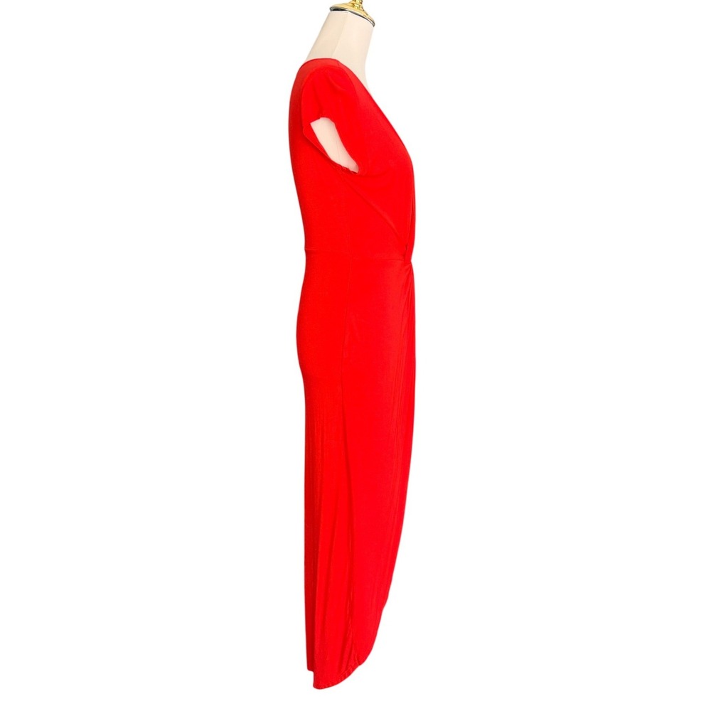 Rolla Coster Red Twist Front Deep V-Neck Midi Dress Small Cap Sleeve Tulip Hem - Picture 4 of 10
